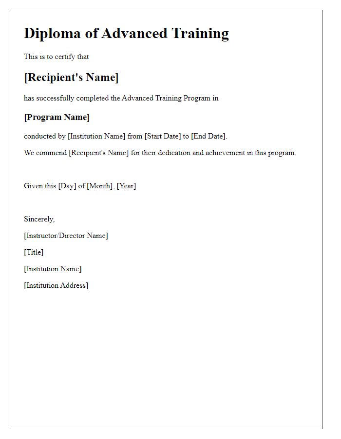 Letter template of Diploma Award for Advanced Training