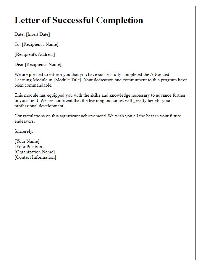 Letter template of Successful Completion of Advanced Learning Module