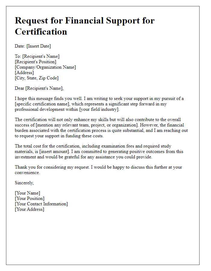 Letter template of appeal for financial backing for certification