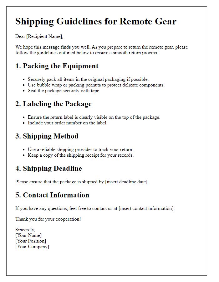 Letter template of guidelines for shipping back remote gear