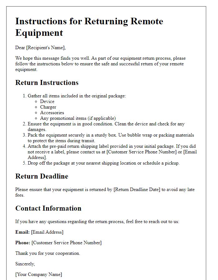 Letter template of instructions for returning remote equipment