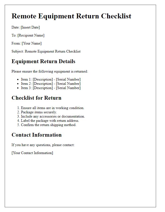 Letter template of remote equipment return checklist