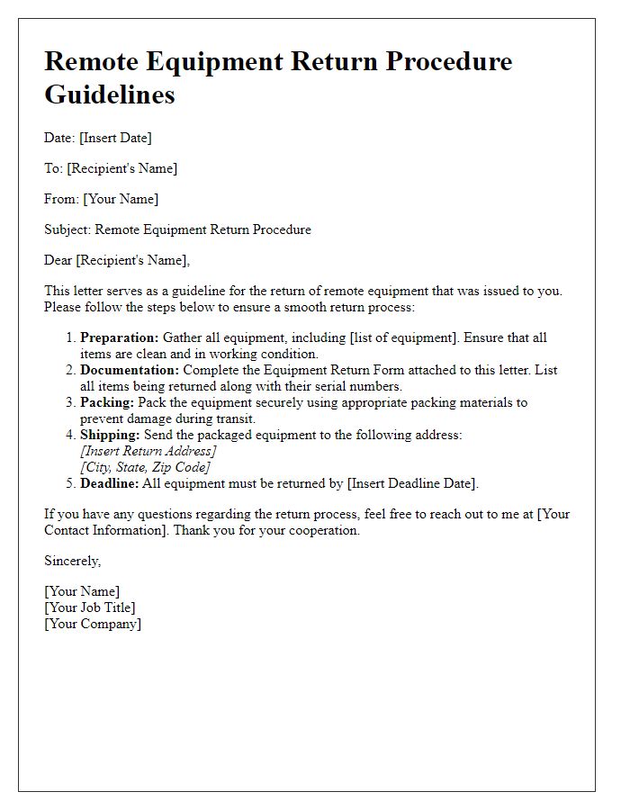 Letter template of remote equipment return procedure guidelines