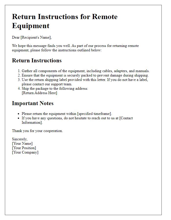 Letter template of return instructions for remote equipment