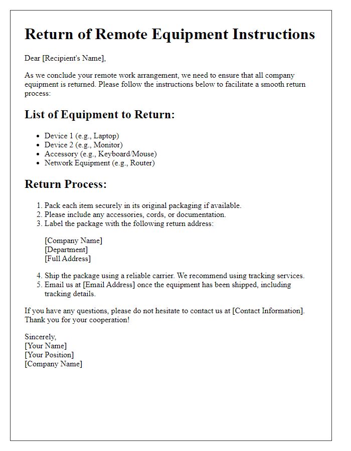 Letter template of returning remote equipment instructions