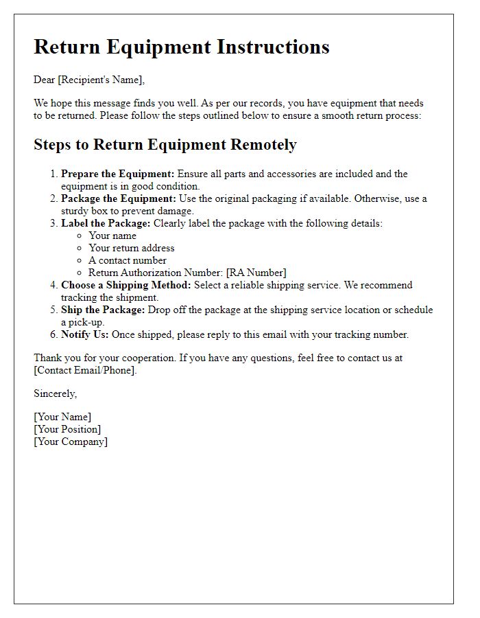 Letter template of steps to return equipment remotely