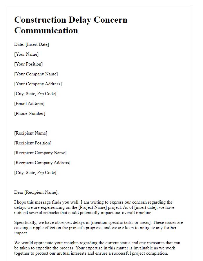 Letter template of construction delay concern communication.
