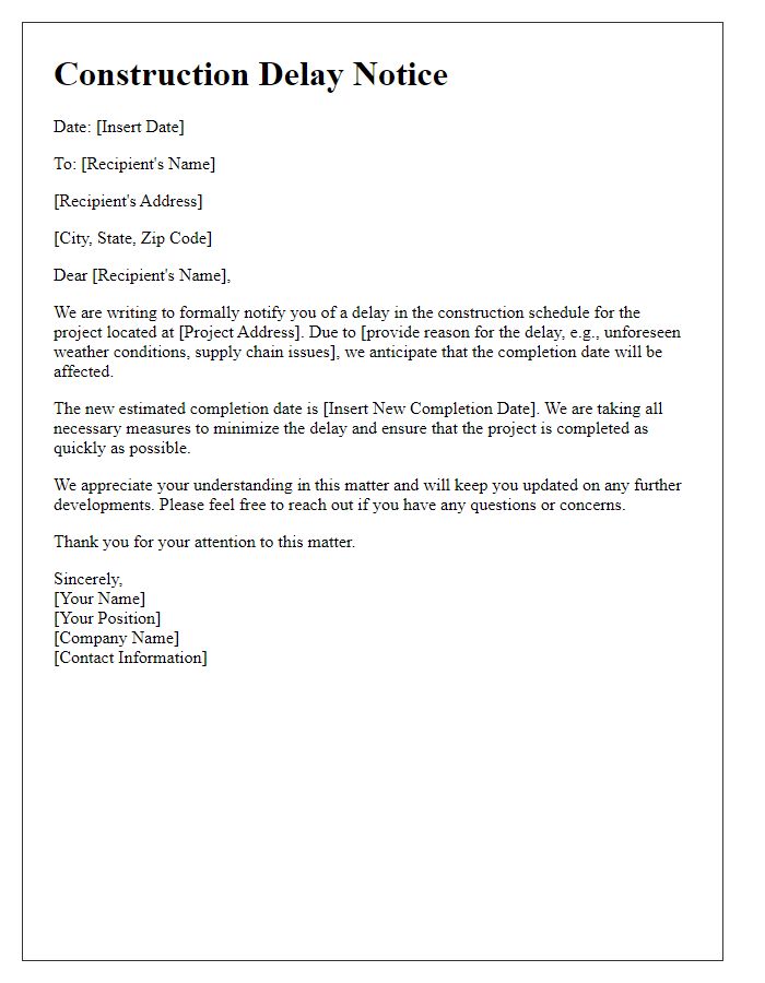 Letter template of construction delay notice.