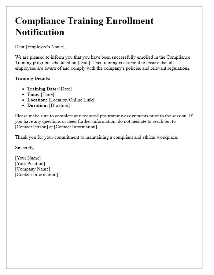 Letter template of compliance training enrollment notification