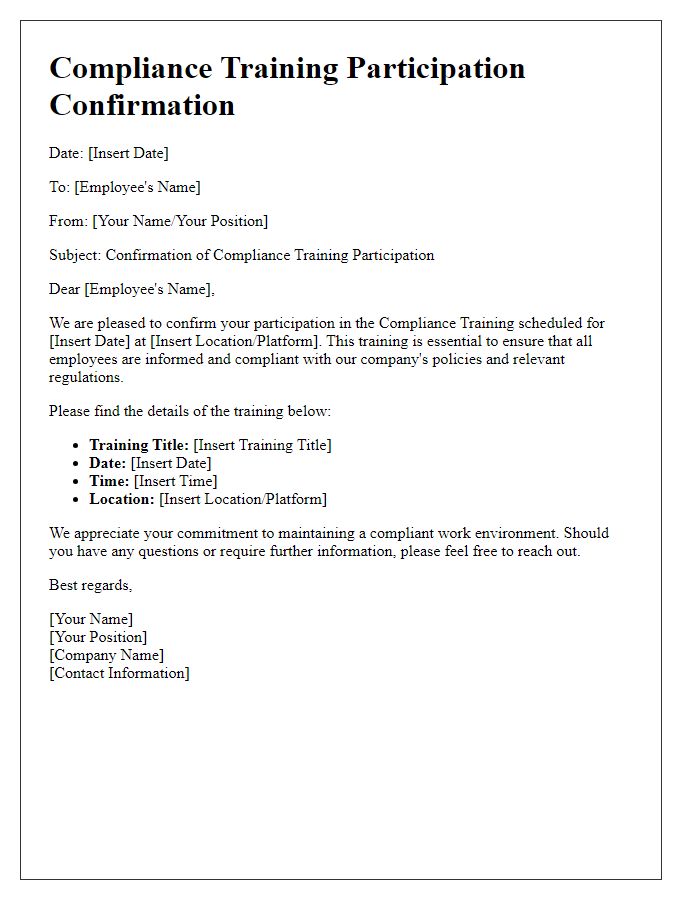 Letter template of compliance training participation confirmation