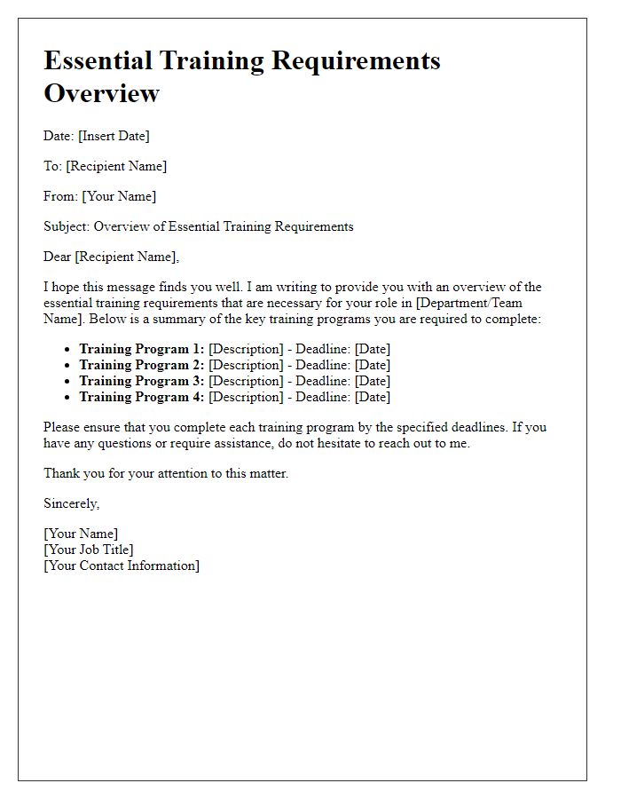 Letter template of essential training requirements overview