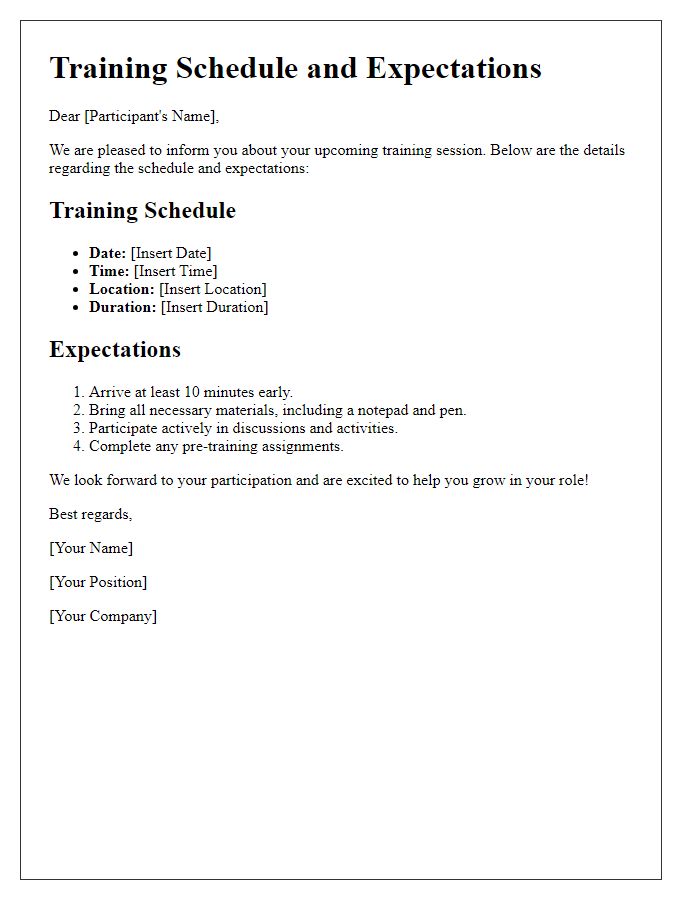 Letter template of training schedule and expectations