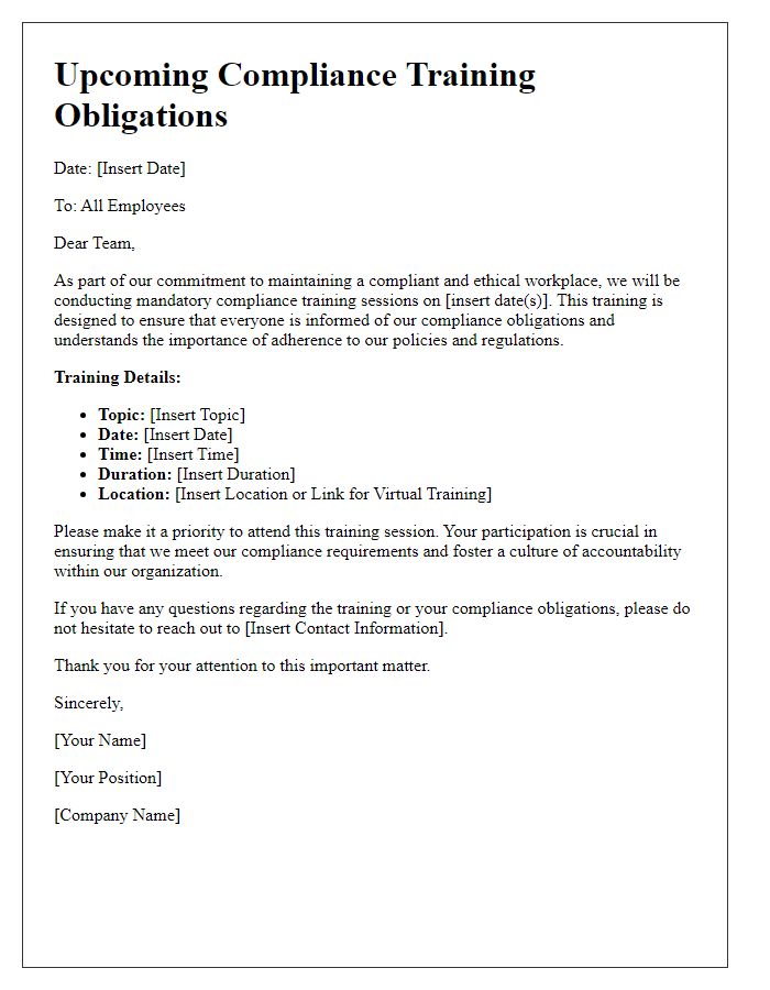 Letter template of upcoming compliance training obligations