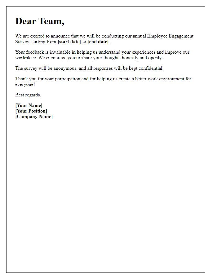 Letter template of employee engagement survey announcement.