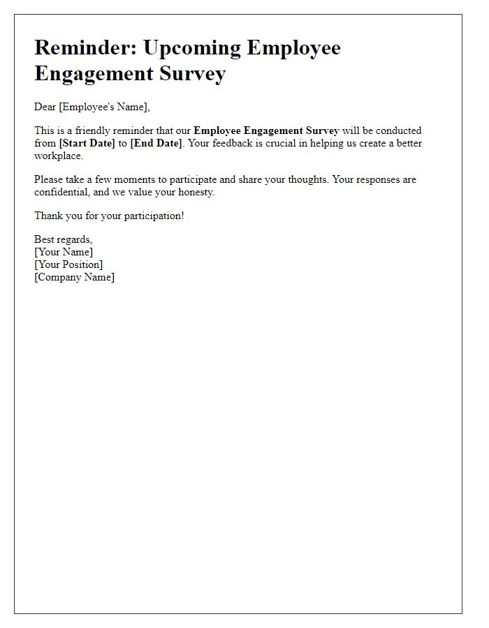 Letter template of reminder for upcoming employee engagement survey.