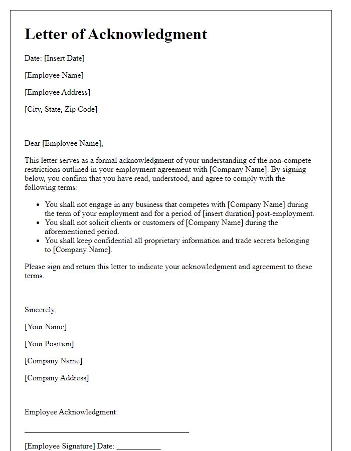 Letter template of acknowledgment of non-compete restrictions