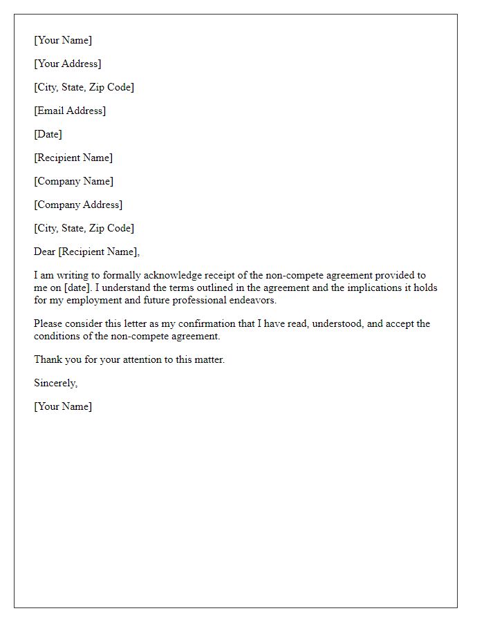 Letter template of formal acknowledgment of non-compete