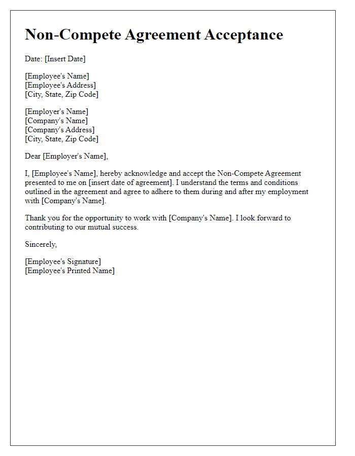 Letter template of non-compete agreement acceptance