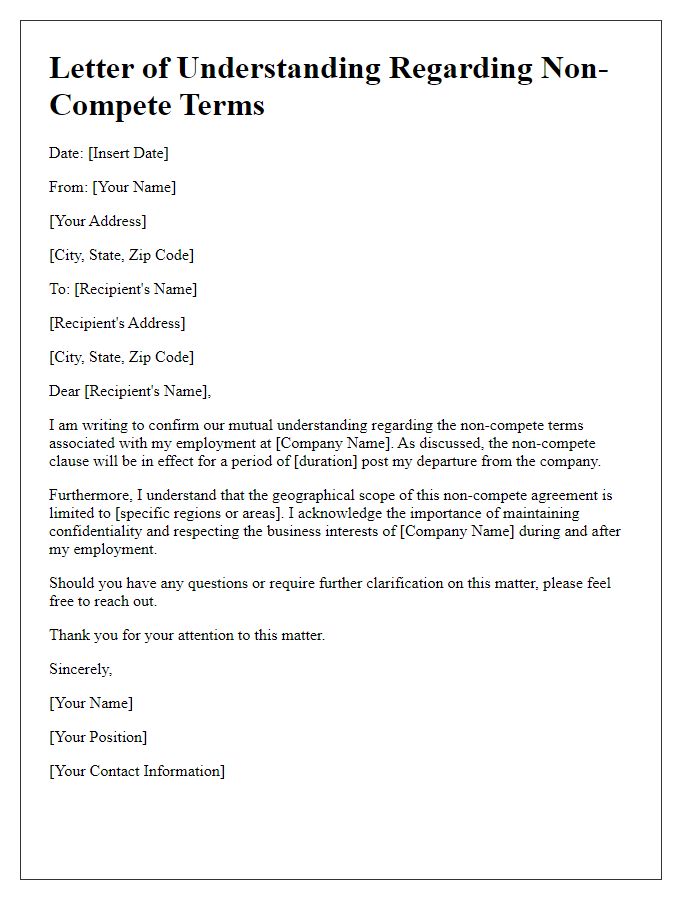 Letter template of understanding regarding non-compete terms