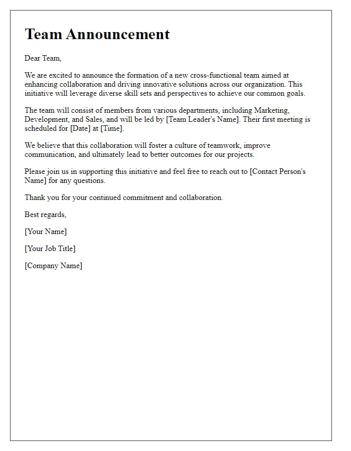 Letter template of cross-functional teamwork announcement.