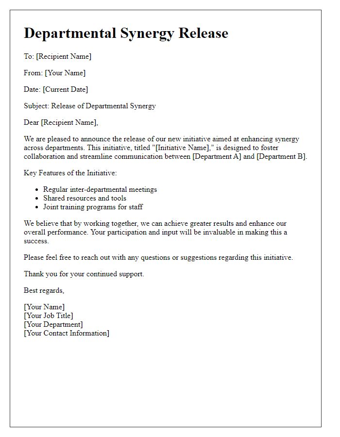 Letter template of departmental synergy release.