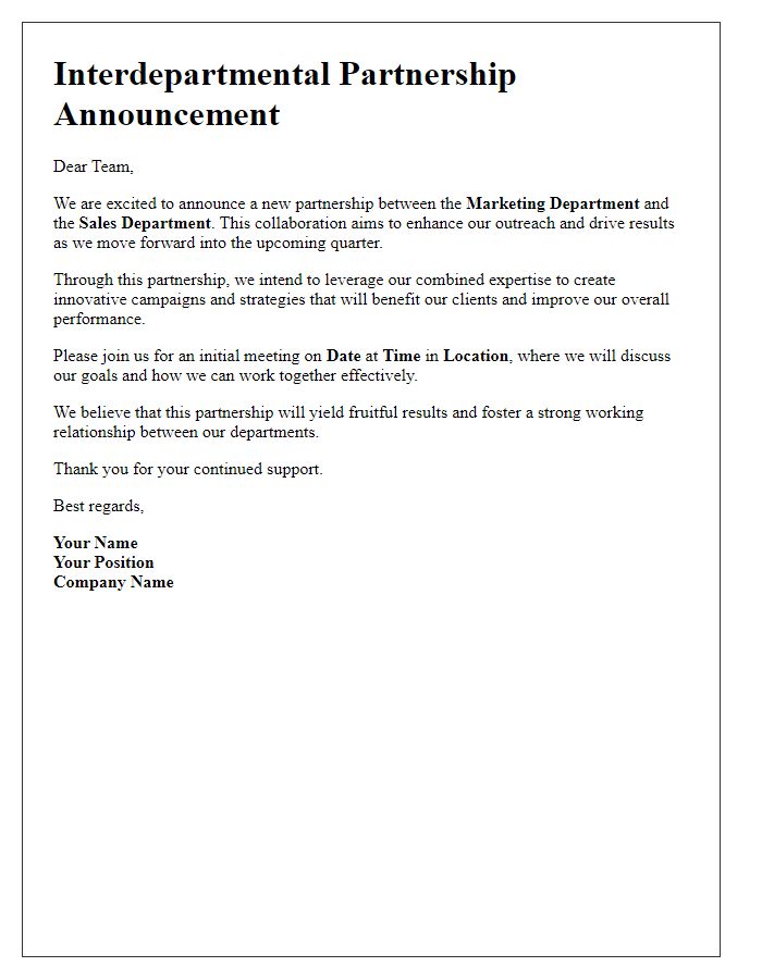 Letter template of interdepartmental partnership announcement.