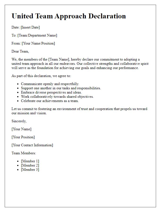 Letter template of united team approach declaration.