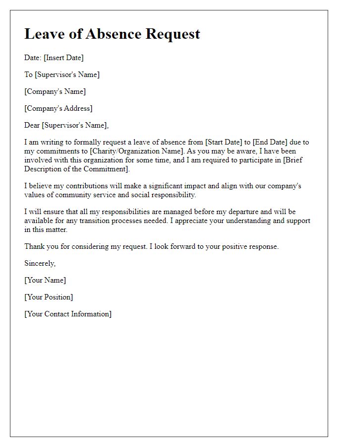 Letter template of leave of absence for charitable commitments