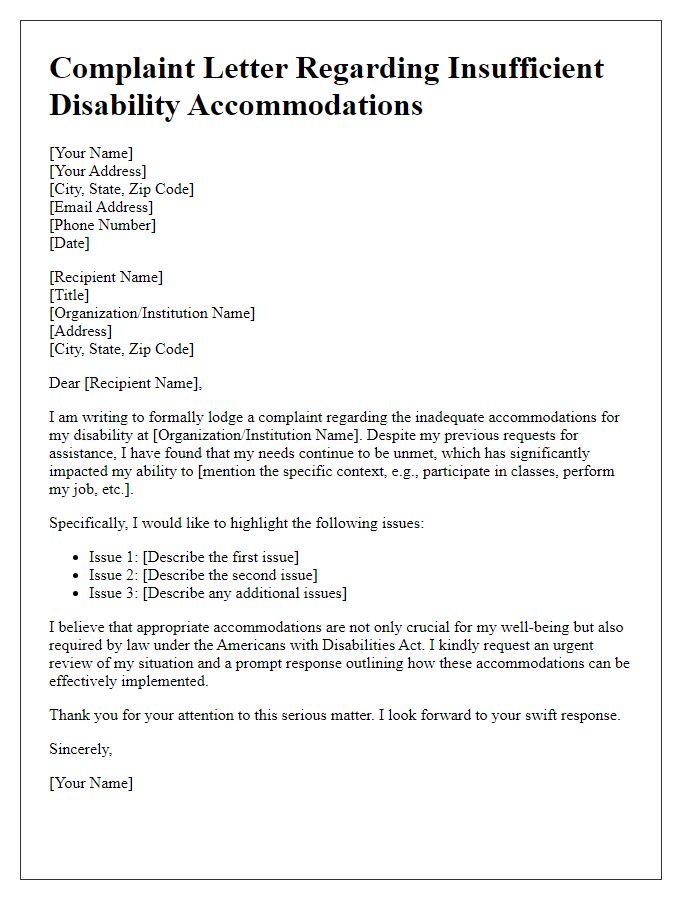 Letter template of complaint regarding insufficient disability accommodations.