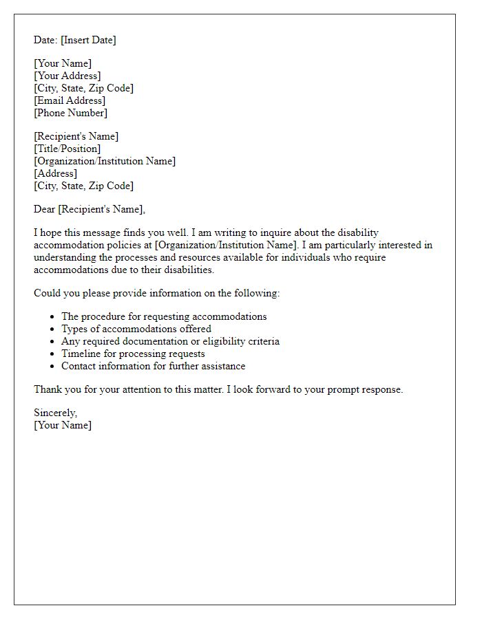 Letter template of inquiry regarding disability accommodation policies.