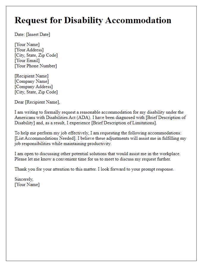 Letter template of request for disability accommodation in the workplace.