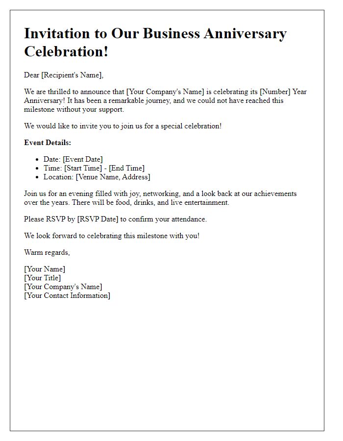 Letter template of business anniversary event invitation