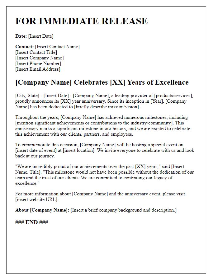 Letter template of company anniversary news release