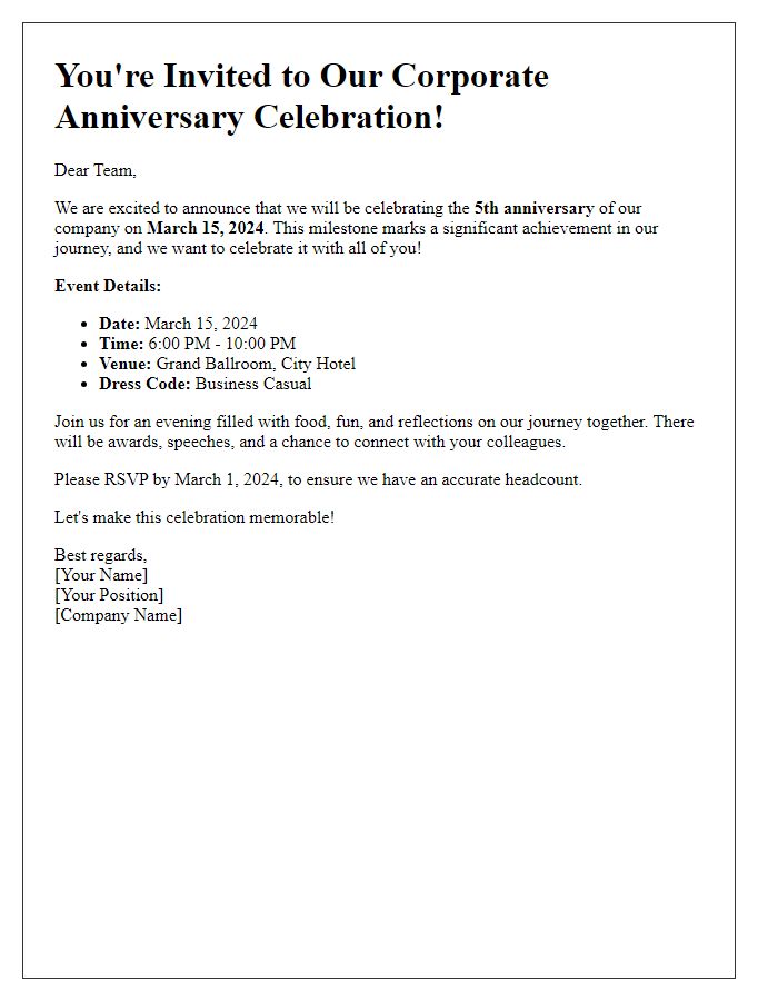 Letter template of corporate anniversary celebration announcement