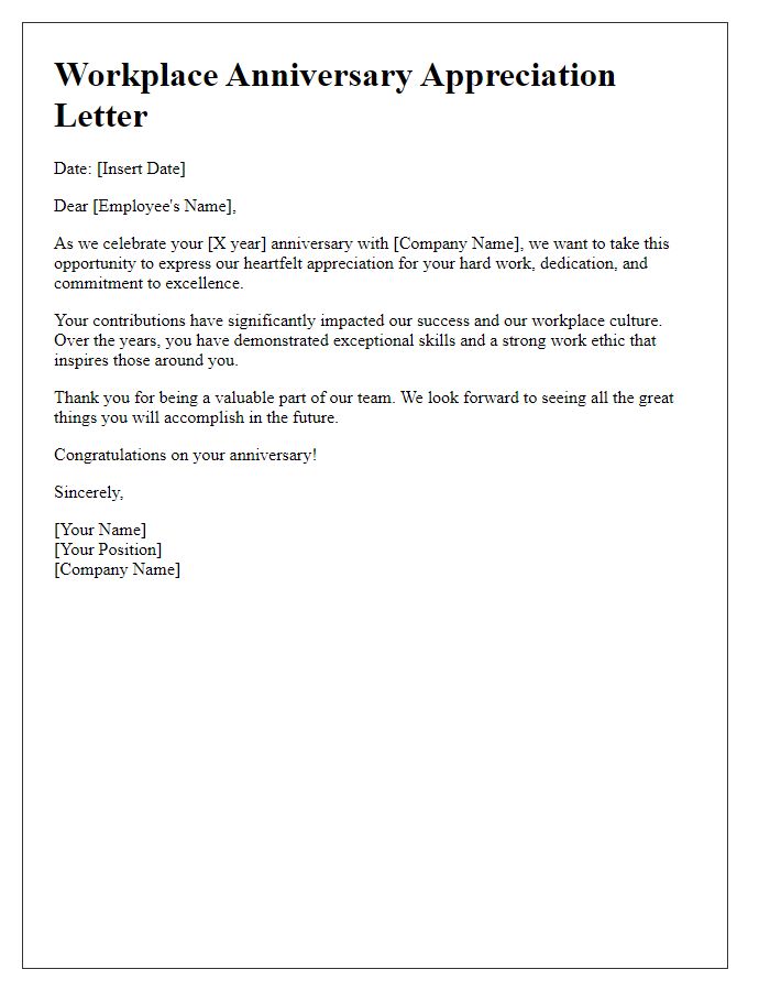 Letter template of workplace anniversary appreciation letter