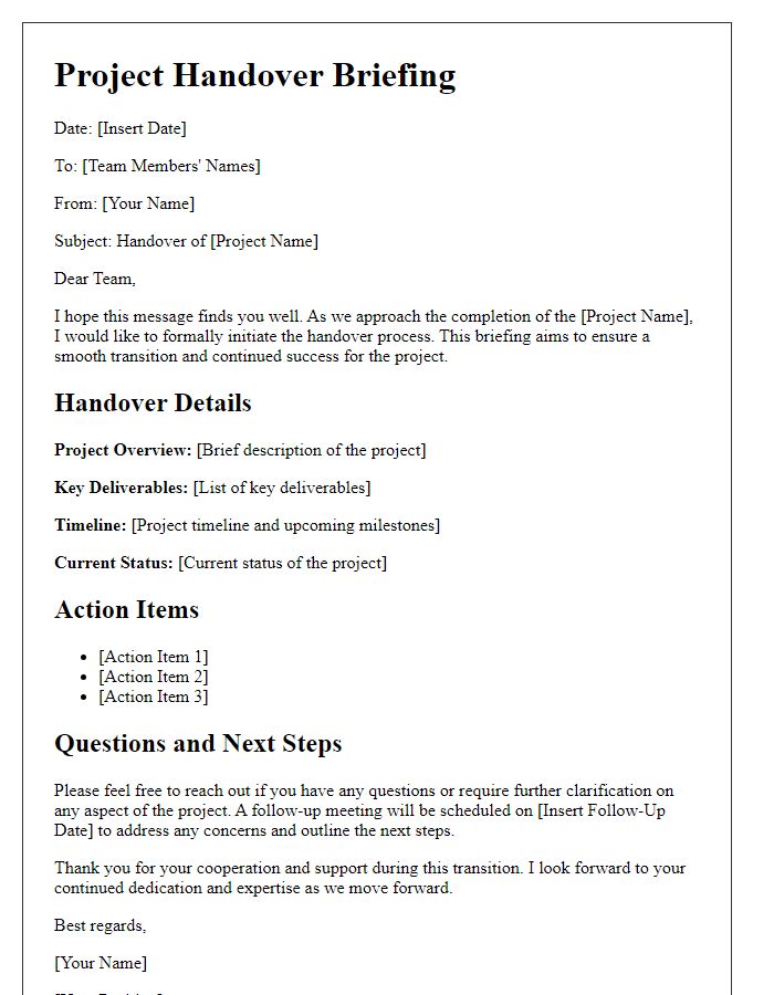 Letter template of project handover briefing for team members