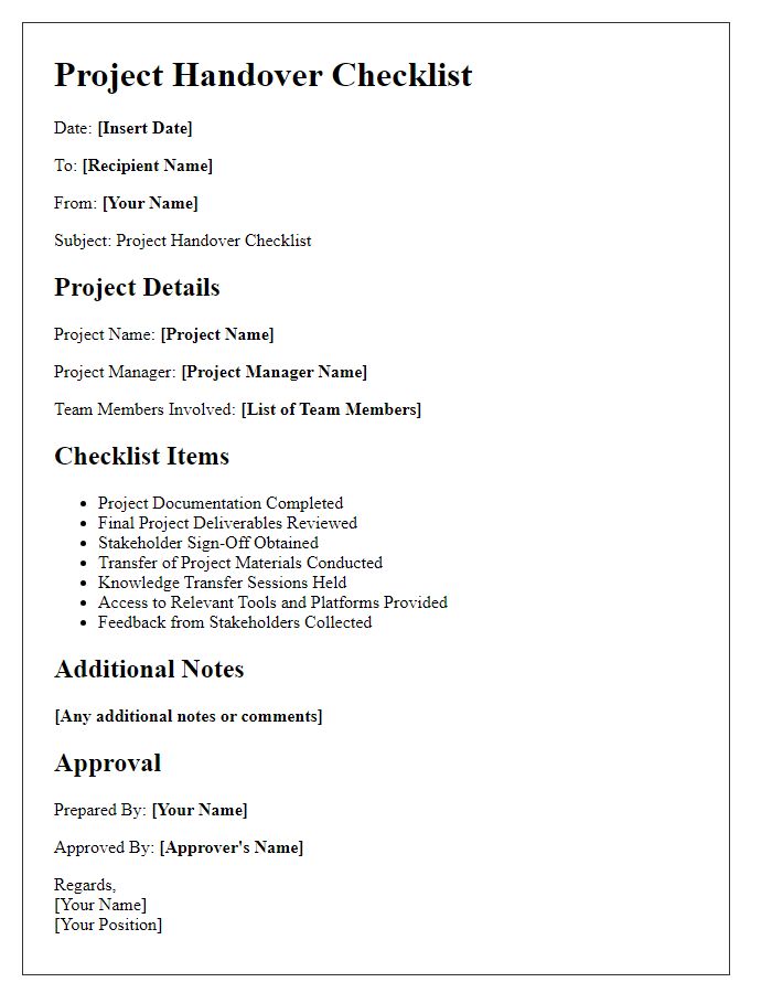 Letter template of project handover checklist for teams