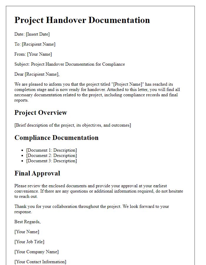 Letter template of project handover documentation for compliance