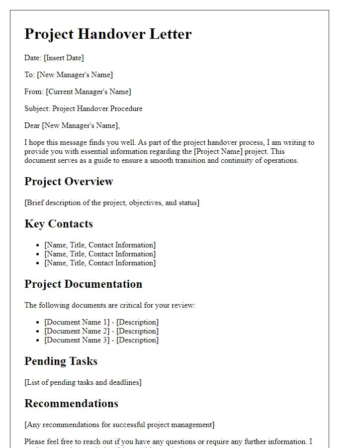 Letter template of project handover procedure for new managers