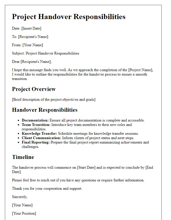 Letter template of project handover responsibilities for project leads