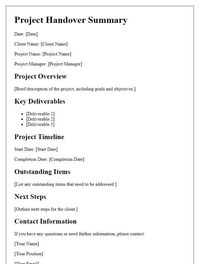 Letter template of project handover summary for clients