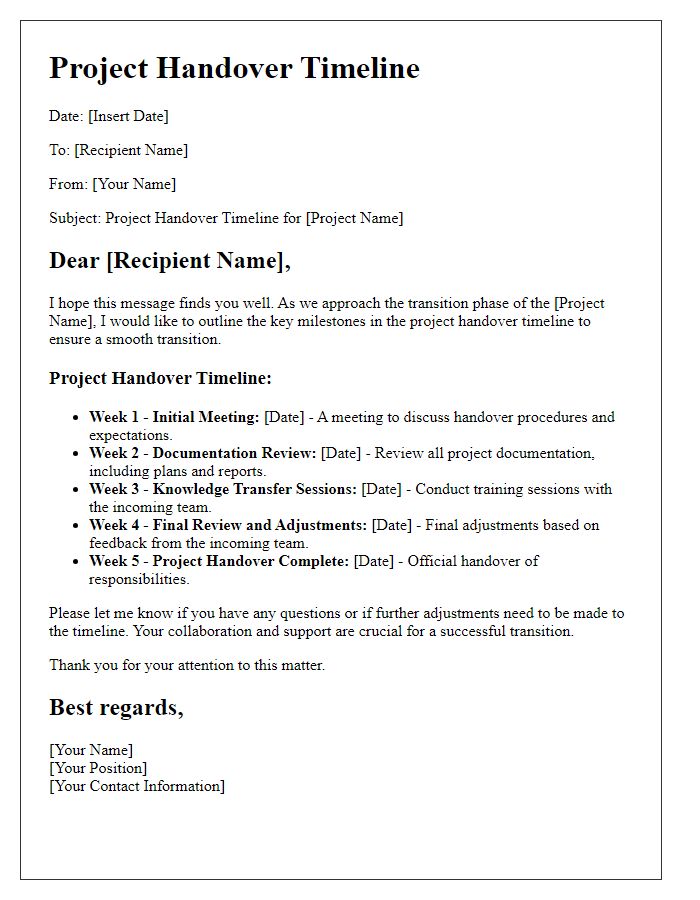 Letter template of project handover timeline for project transitions