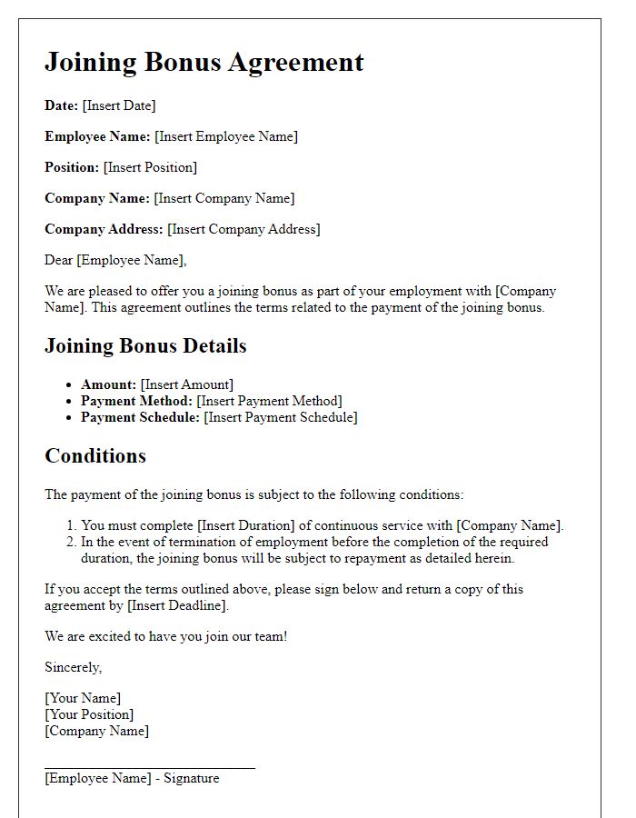 Letter template of joining bonus agreement for contract workers.