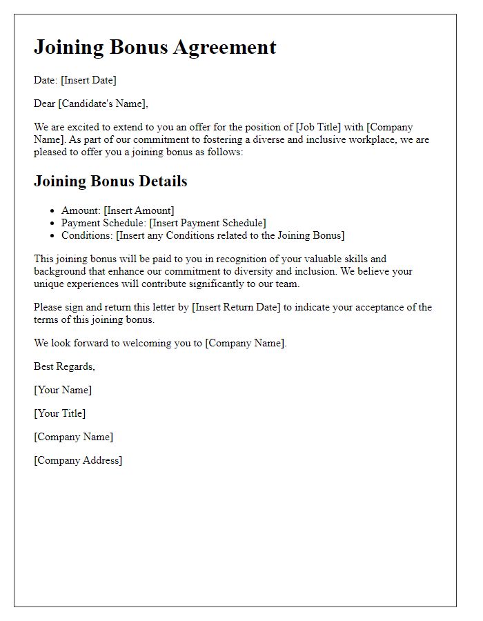 Letter template of joining bonus agreement for diverse candidates.