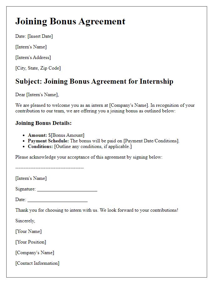 Letter template of joining bonus agreement for internships.