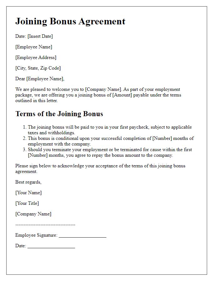 Letter template of joining bonus agreement for new employees.