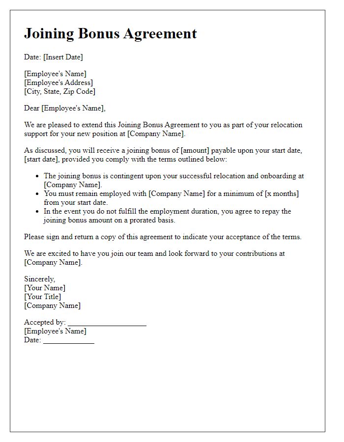 Letter template of joining bonus agreement for relocation support.