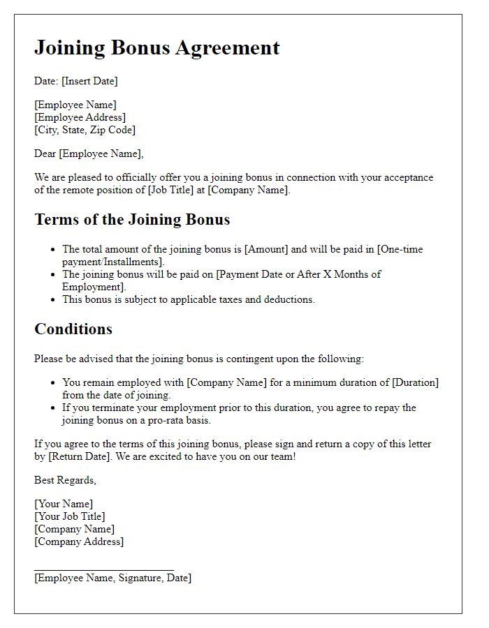 Letter template of joining bonus agreement for remote positions.