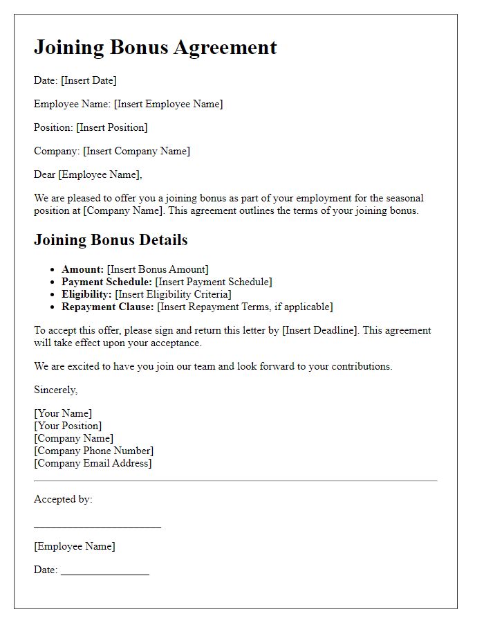 Letter template of joining bonus agreement for seasonal positions.