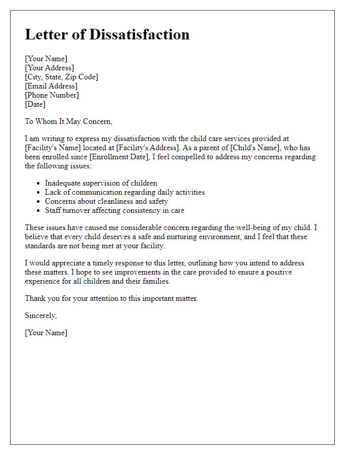 Letter template of dissatisfaction with child care facility